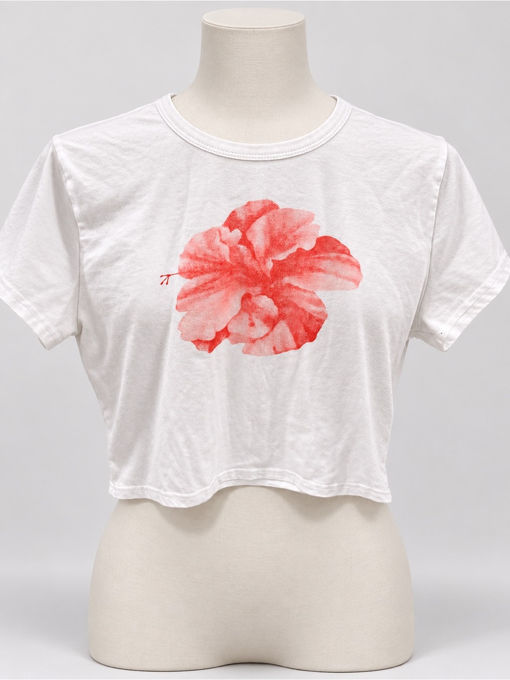 White Crop Tee with Red Floral Print - Women